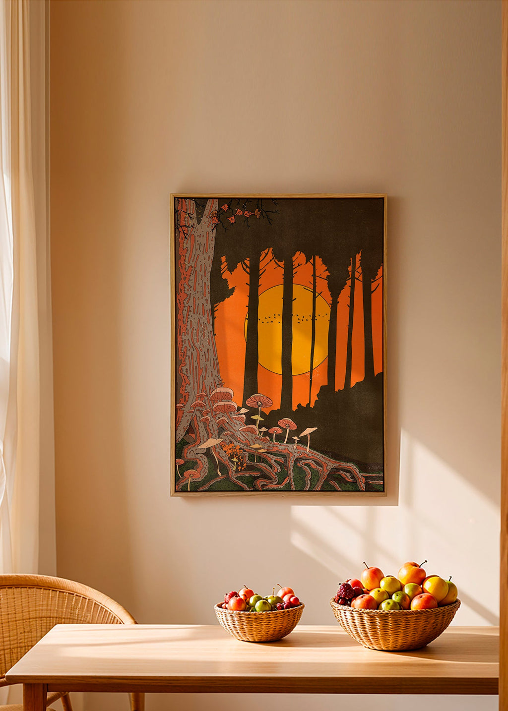 Illustration skog i solnedgång med svampar – Canvas1
