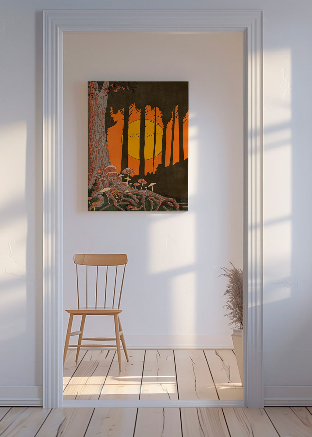 Illustration skog i solnedgång med svampar – Canvas