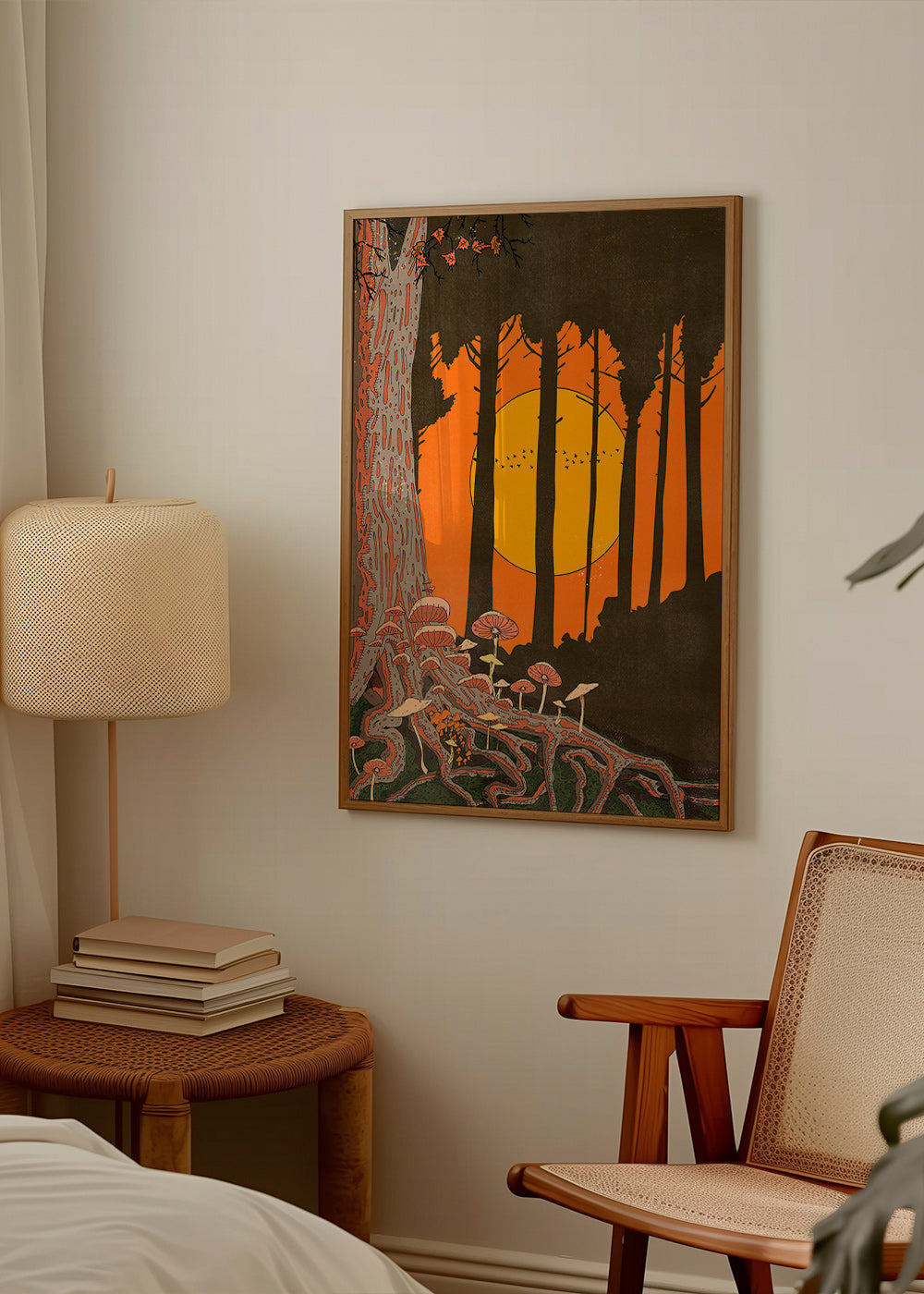 Illustration skog i solnedgång med svampar – Product2