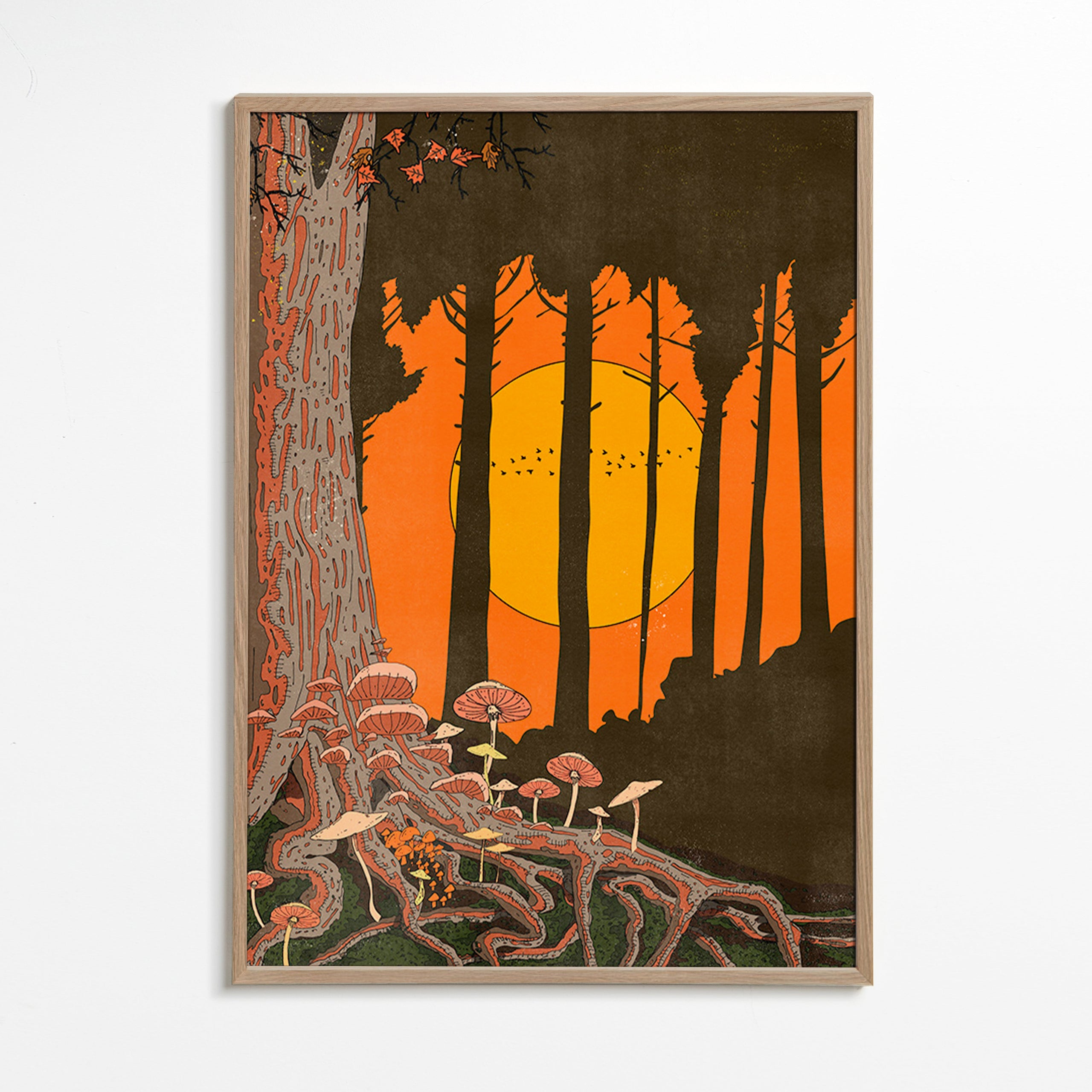 Illustration skog i solnedgång med svampar – Oak Frame