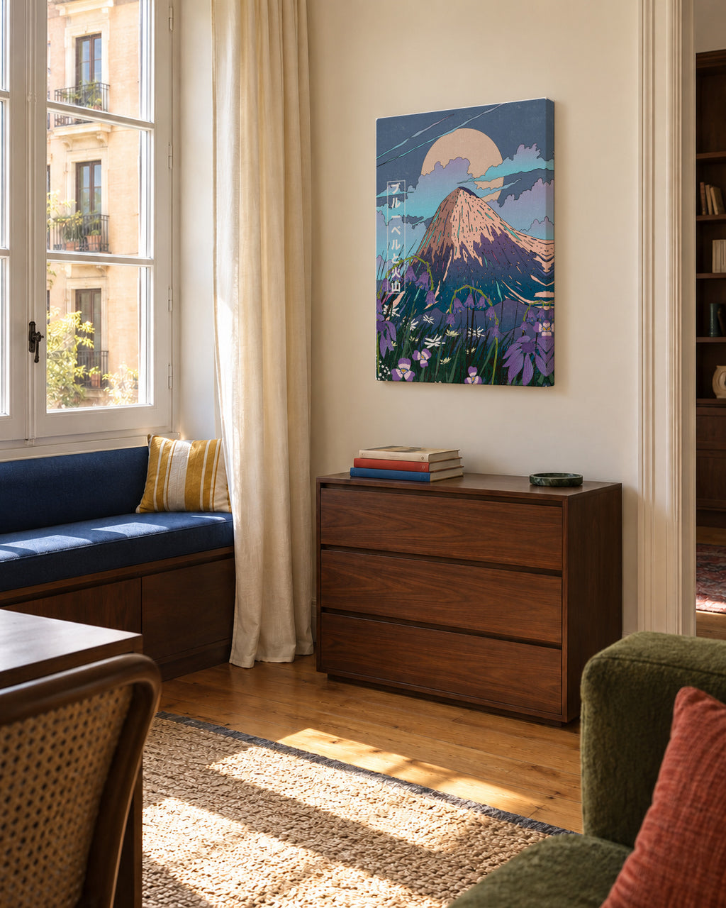 Bluebells and the Volcano - Unframed canvas in an interior