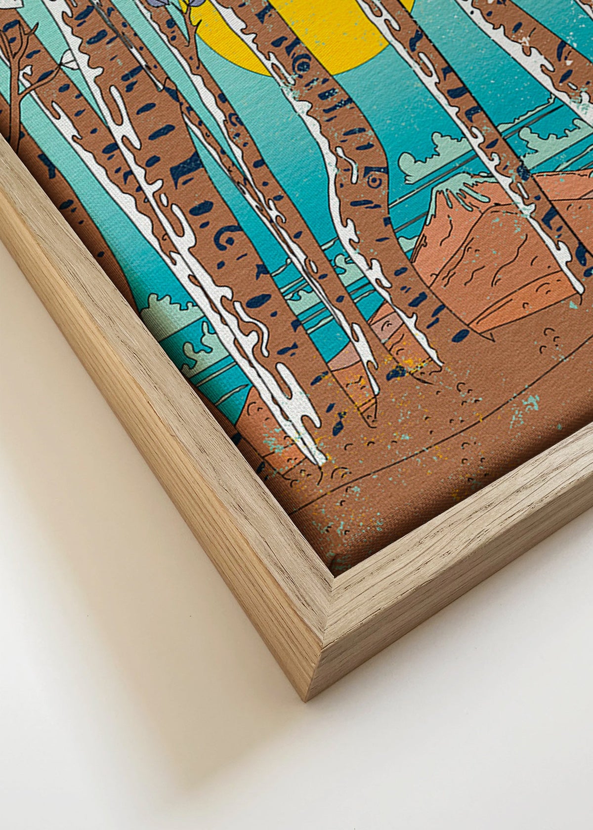 Landskapskonst med japanska björkar och gul sol – Canvas detail