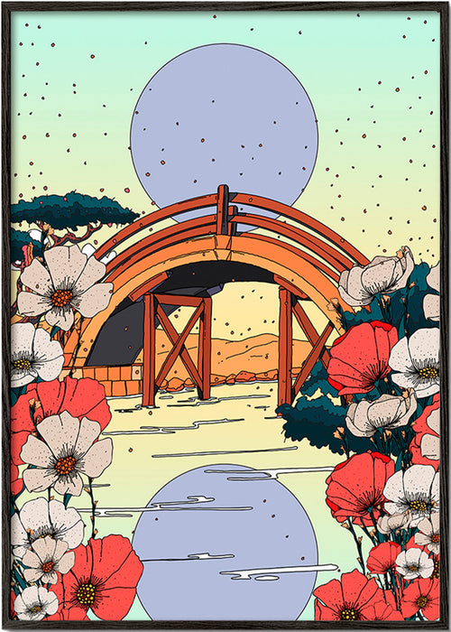 Japanskt landskap med bågbro och blommor – Black Frame