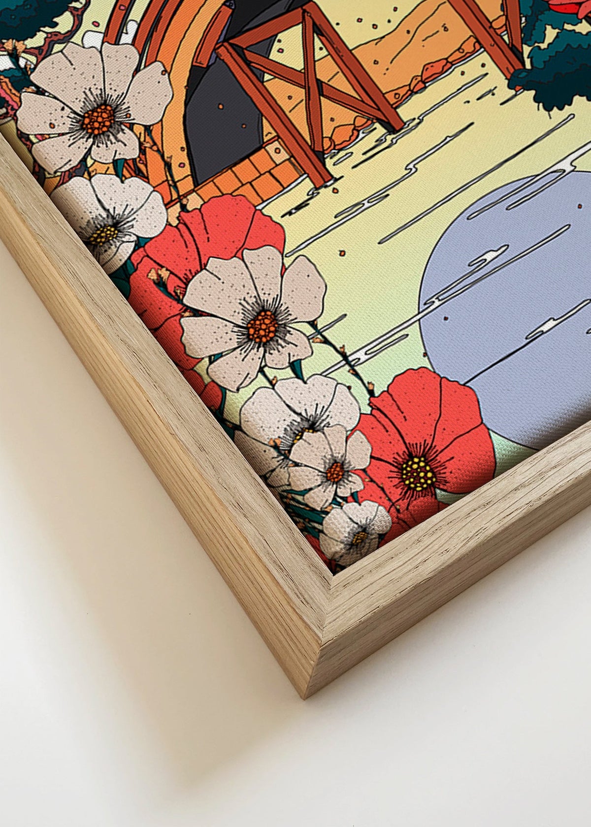 Japanskt landskap med bågbro och blommor – Canvas detail