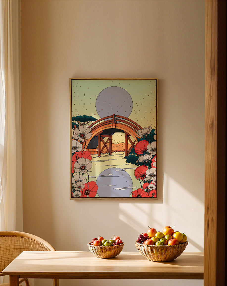 Japanese Bridge Landscape - Framed canvas in an interior