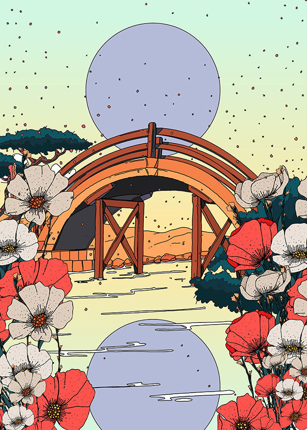 Japanskt landskap med bågbro och blommor