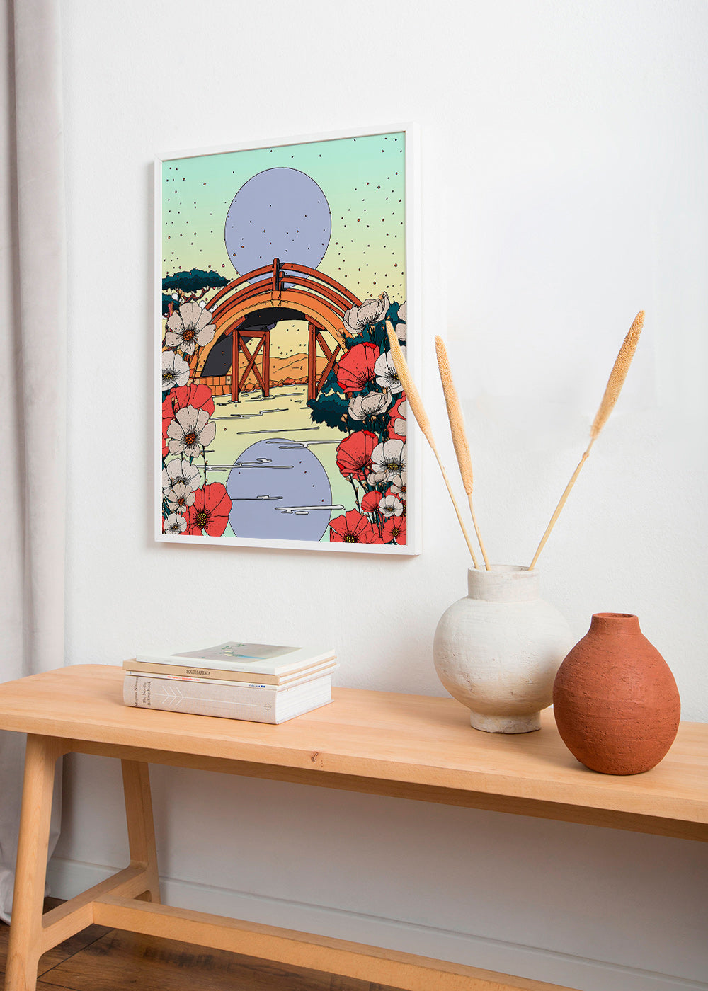 Japanskt landskap med bågbro och blommor – Product1