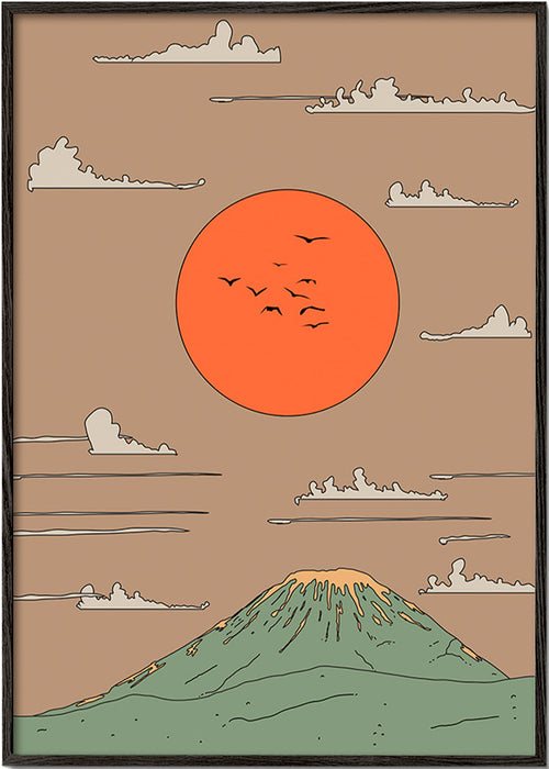 Japansk illustration med soluppgång över stiliserat berg – Black Frame