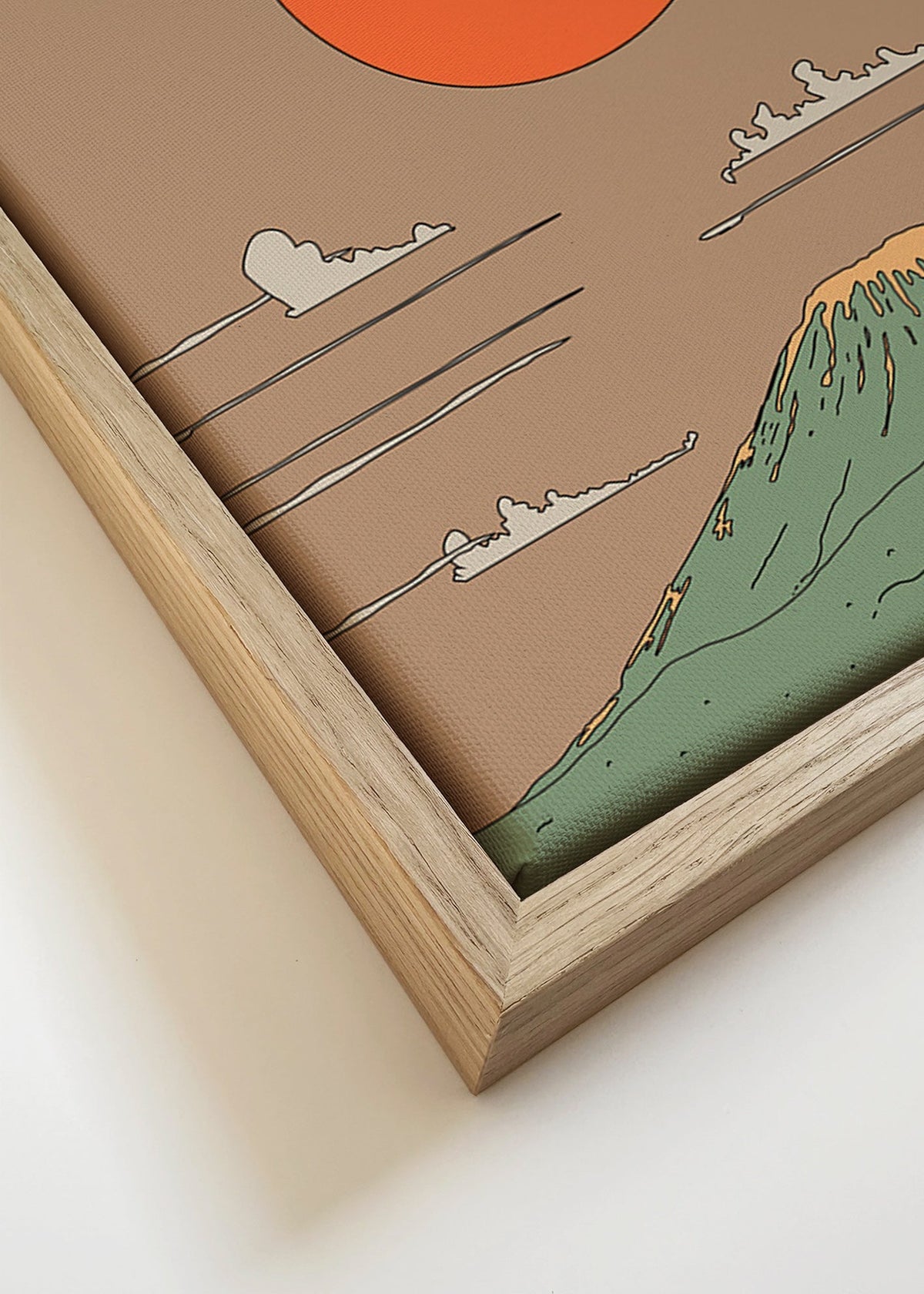 Japansk illustration med soluppgång över stiliserat berg – Canvas detail