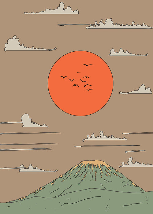 Japansk illustration med soluppgång över stiliserat berg