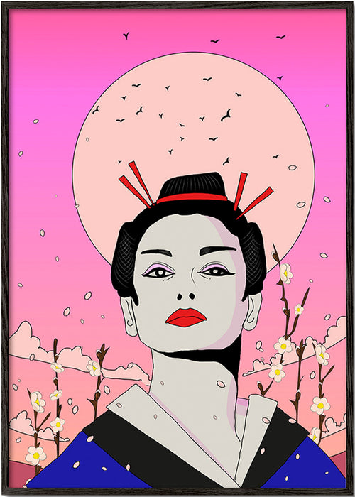 Geisha-illustration med rosa måne – Black Frame