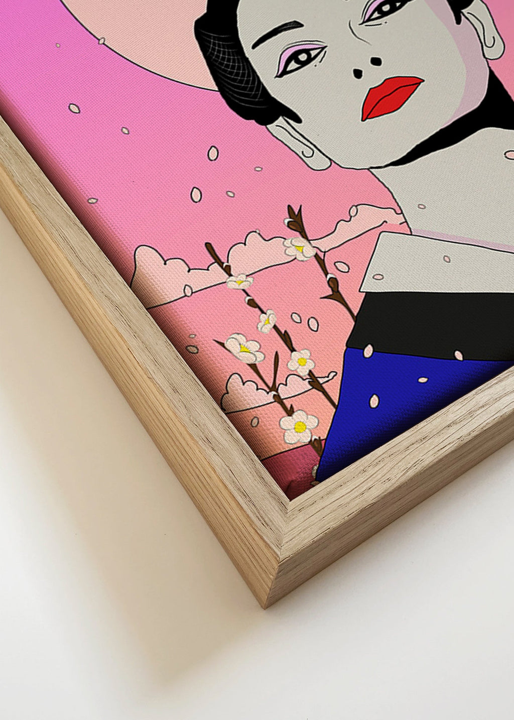 Geisha-illustration med rosa måne – Canvas detail