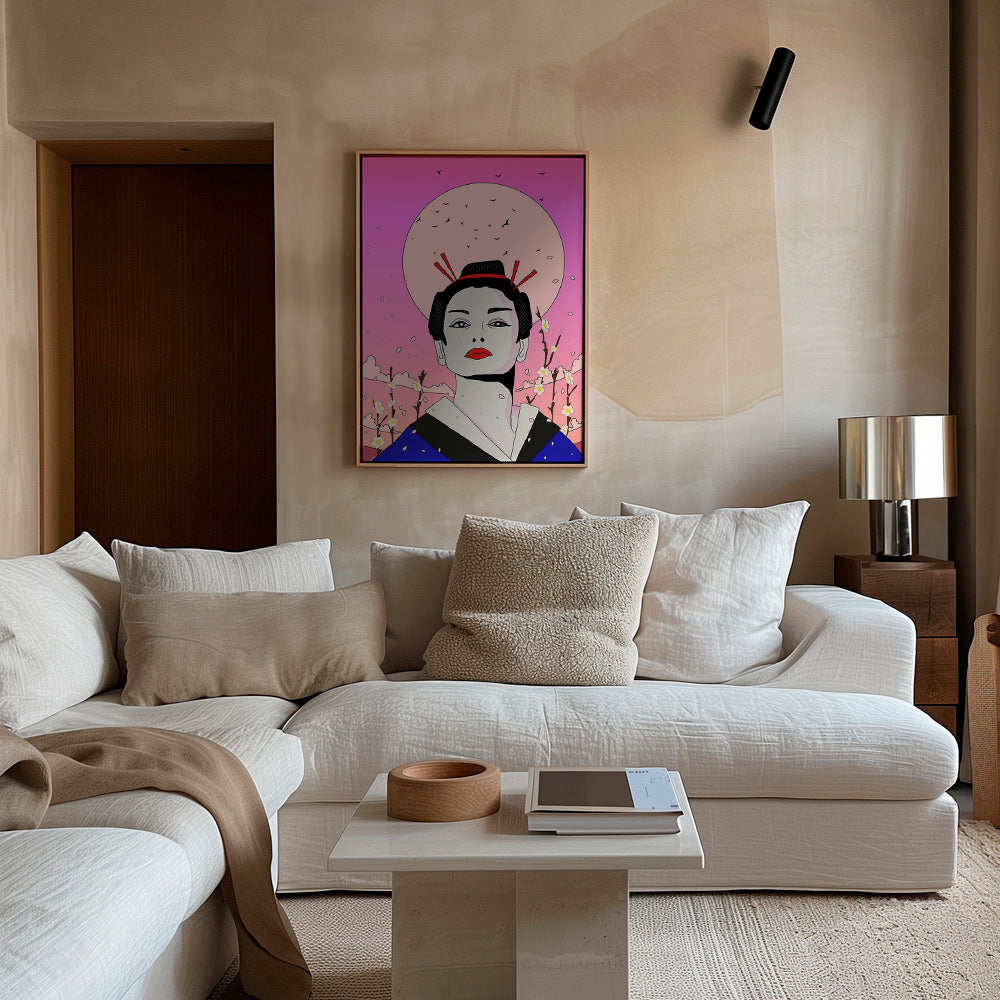 Geisha-illustration med rosa måne – Canvas1