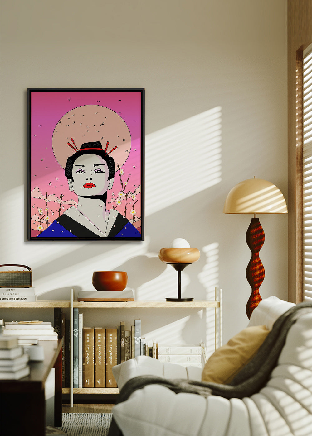 Geisha-illustration med rosa måne – Canvas2
