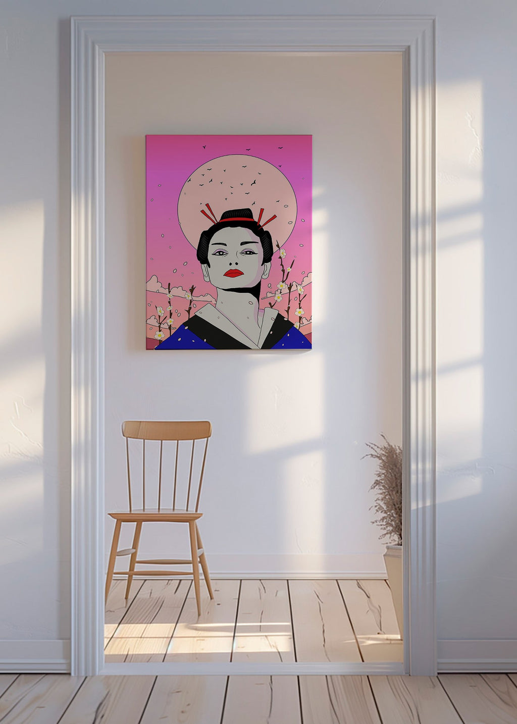 Geisha-illustration med rosa måne – Canvas