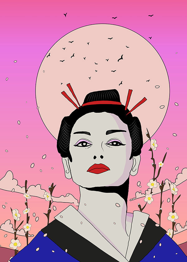 Geisha-illustration med rosa måne