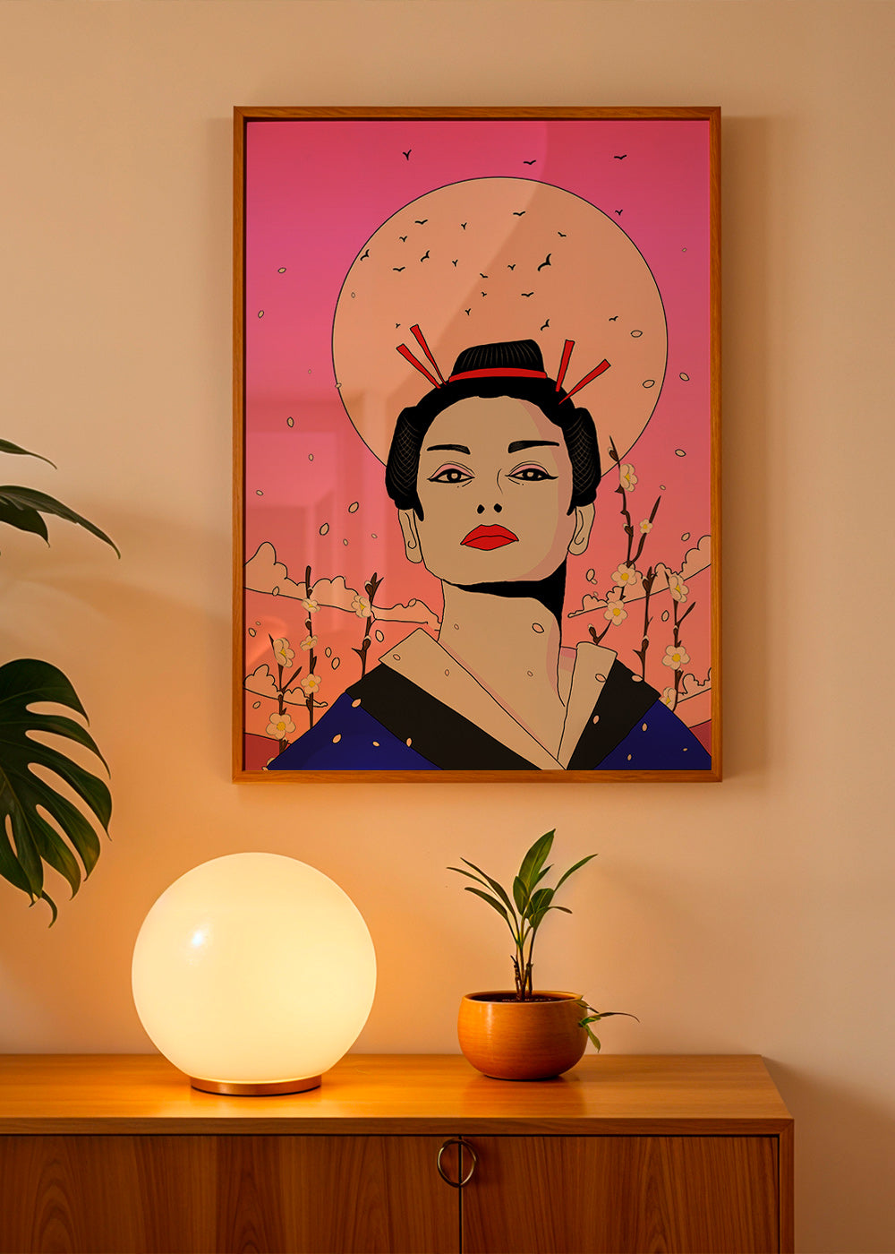 Geisha-illustration med rosa måne – Product1