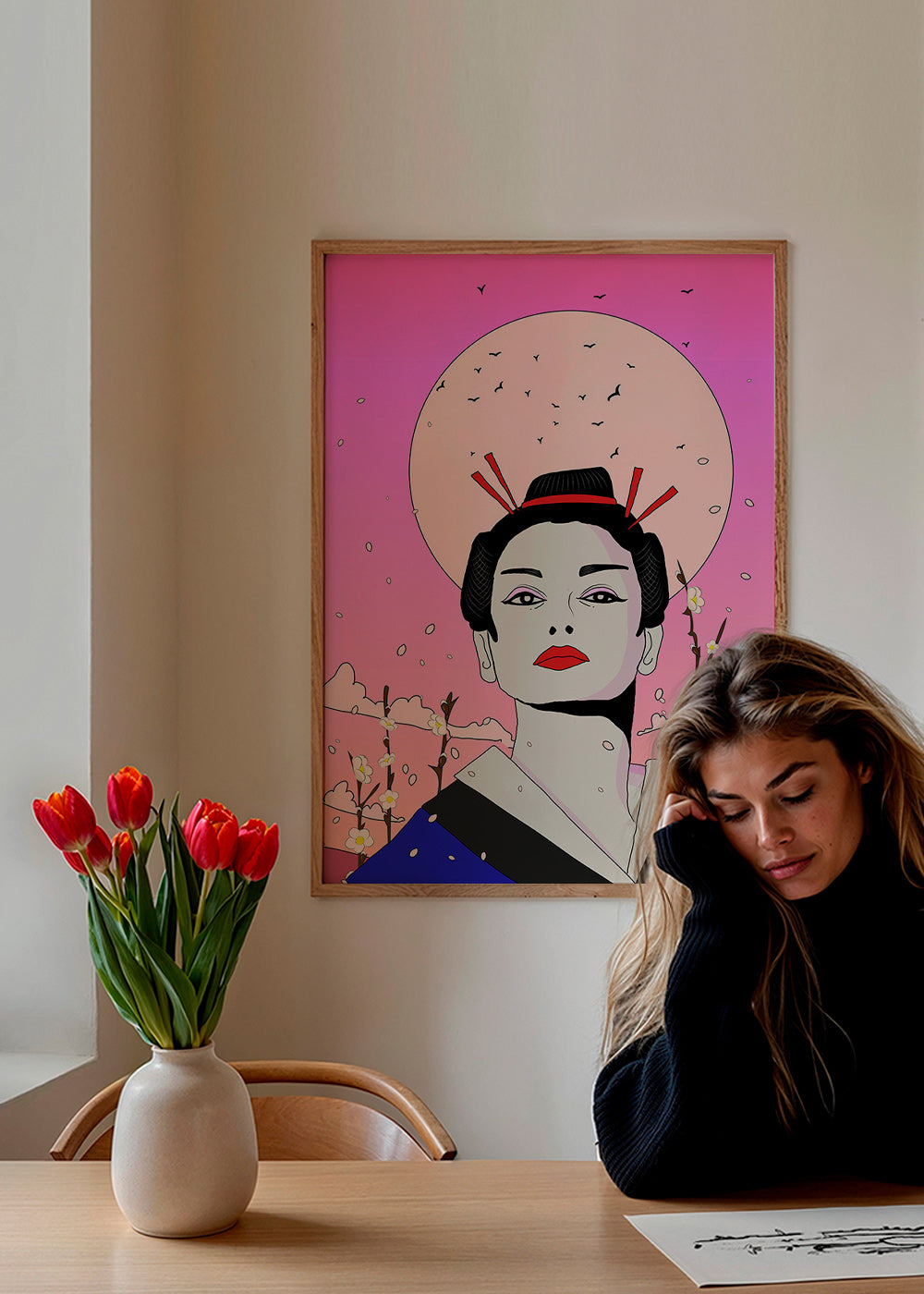 Geisha-illustration med rosa måne – Product3