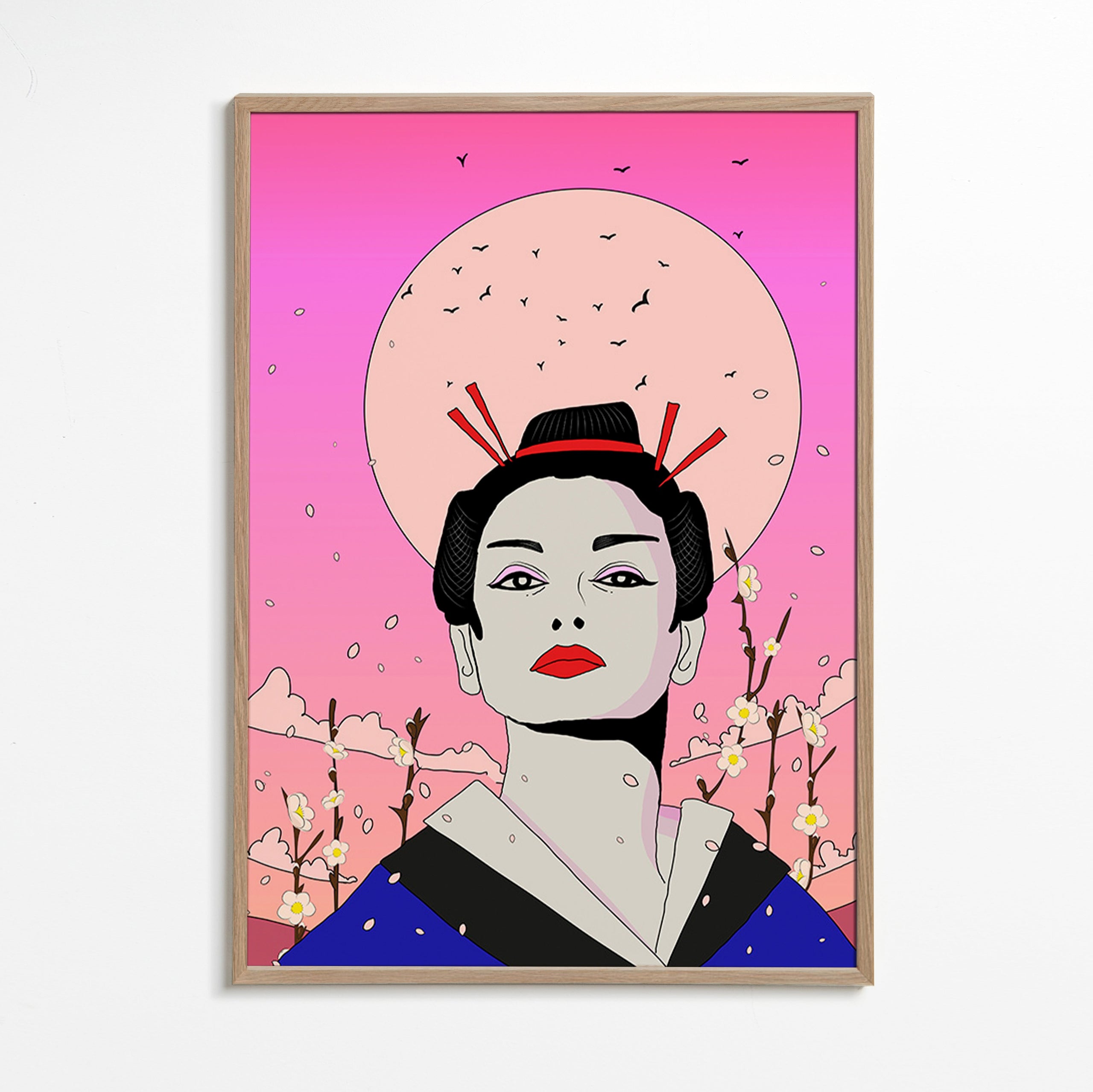 Geisha-illustration med rosa måne – Oak Frame