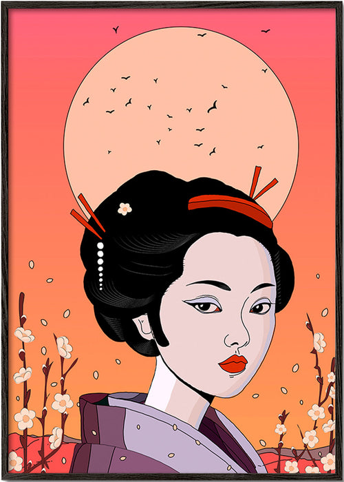 Illustration Geisha i Korallsolnedgång – Black Frame