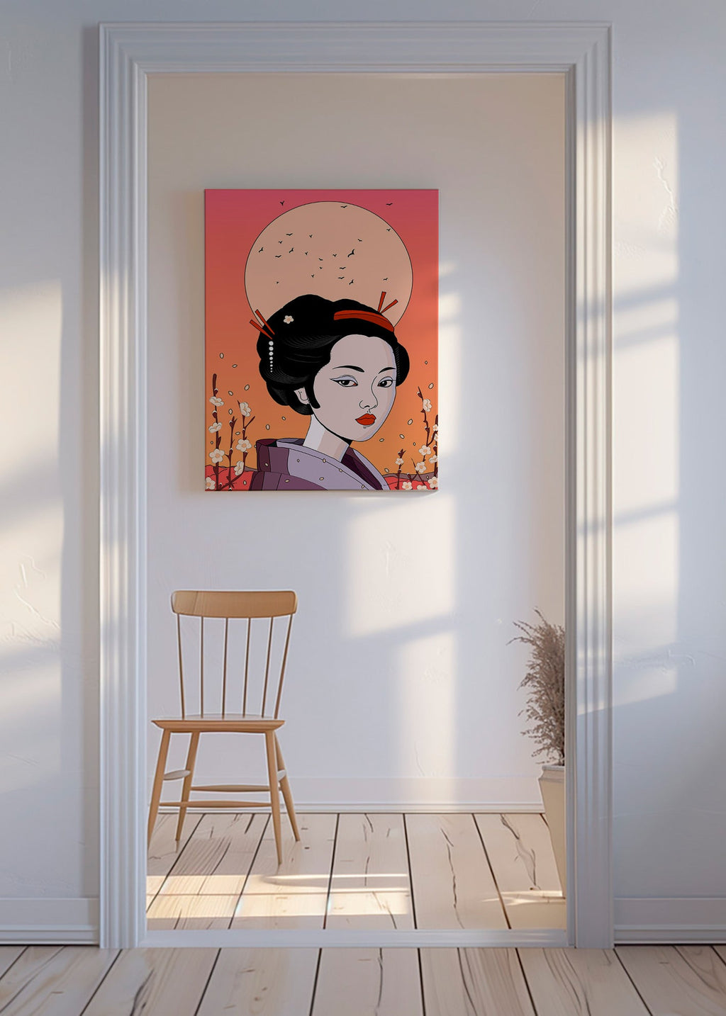 Illustration Geisha i Korallsolnedgång – Canvas