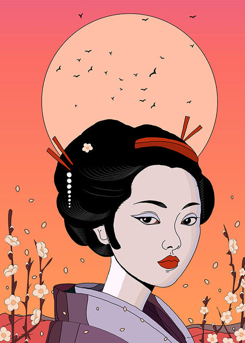 Illustration Geisha i Korallsolnedgång