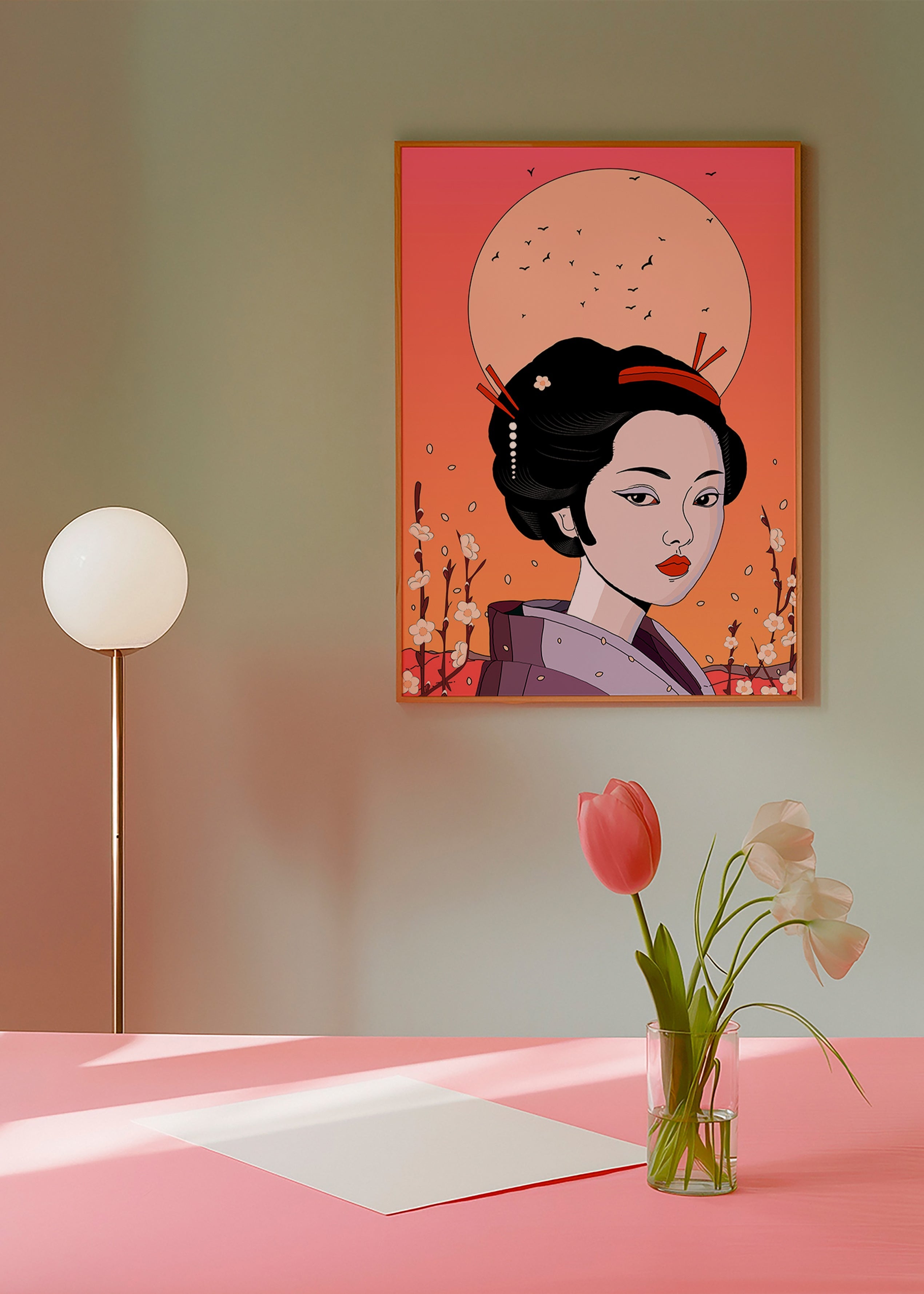 Illustration Geisha i Korallsolnedgång – Product1