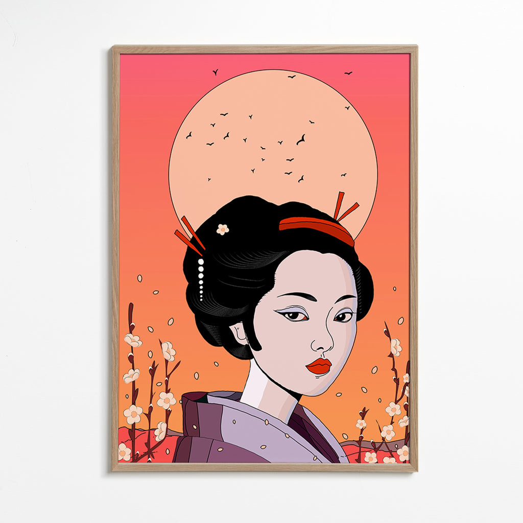 Illustration Geisha i Korallsolnedgång – Oak Frame