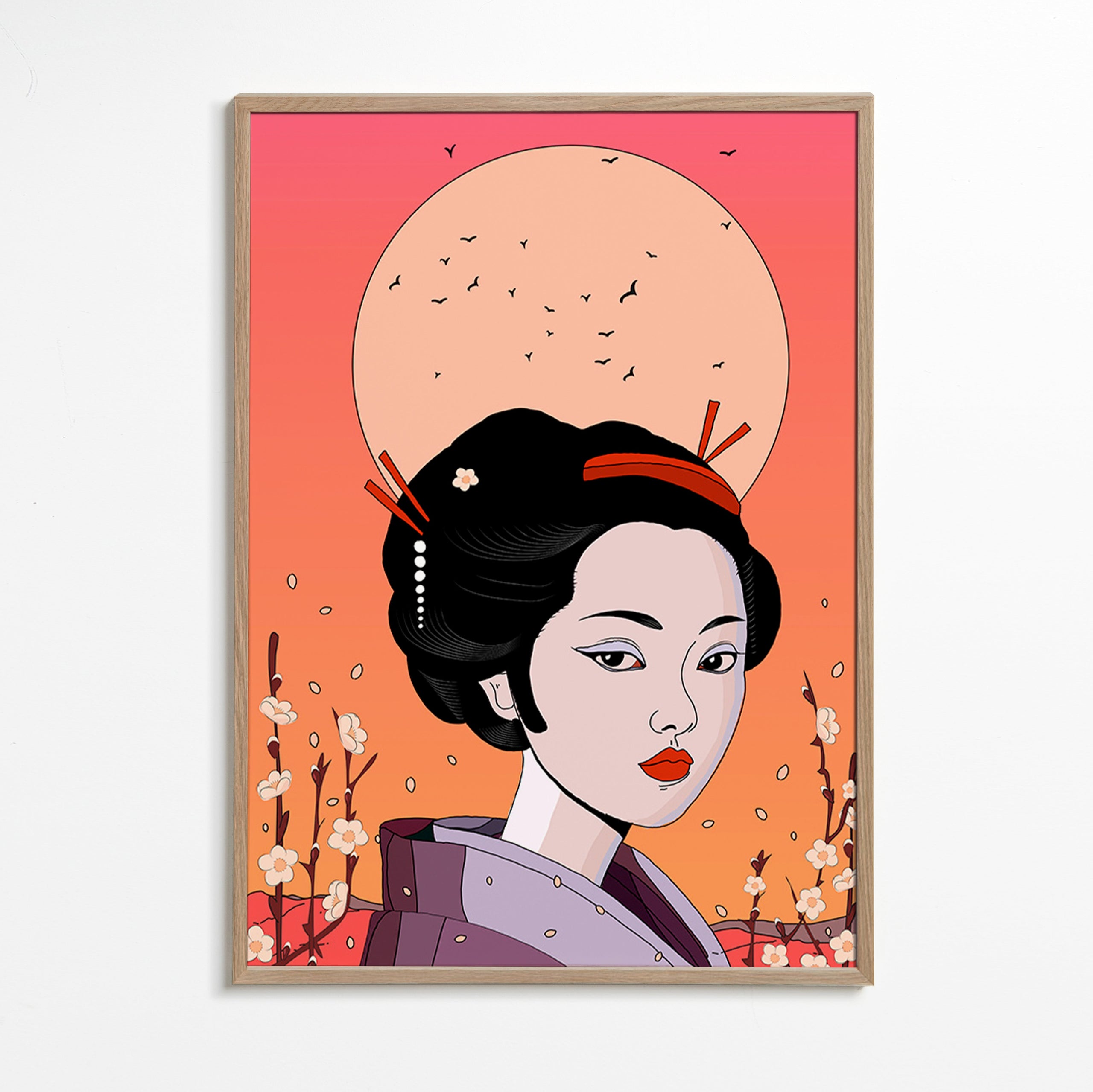 Illustration Geisha i Korallsolnedgång – Oak Frame