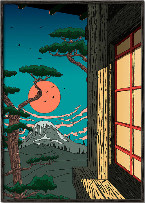 Landskapsbild med tall och berg vid solnedgång – Black Frame