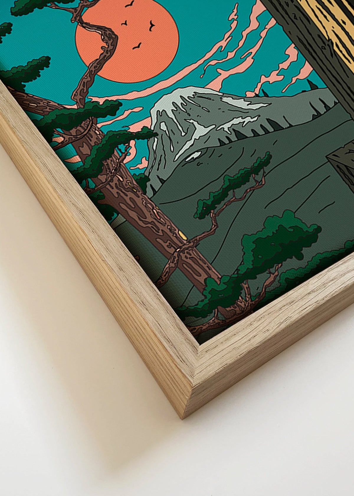 Landskapsbild med tall och berg vid solnedgång – Canvas detail