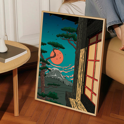Landskapsbild med tall och berg vid solnedgång – Product1