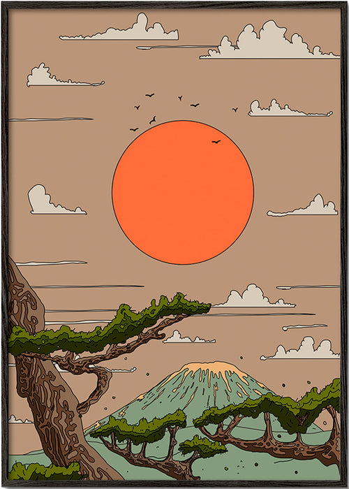 Landskapstavla med orange sol och stiliserade tallar – Black Frame