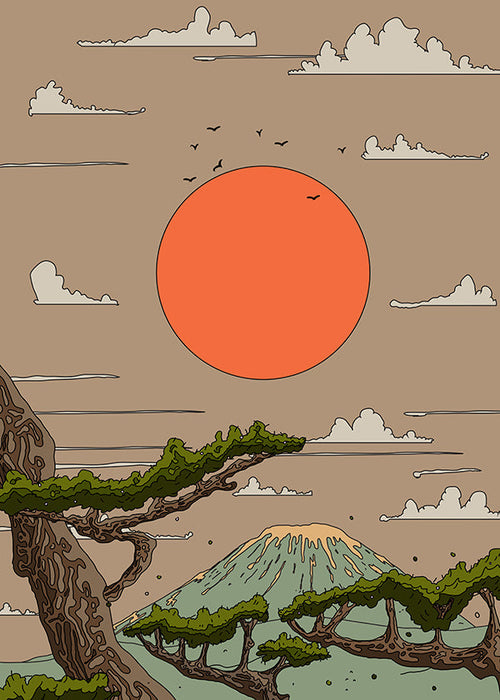 Landskapstavla med orange sol och stiliserade tallar