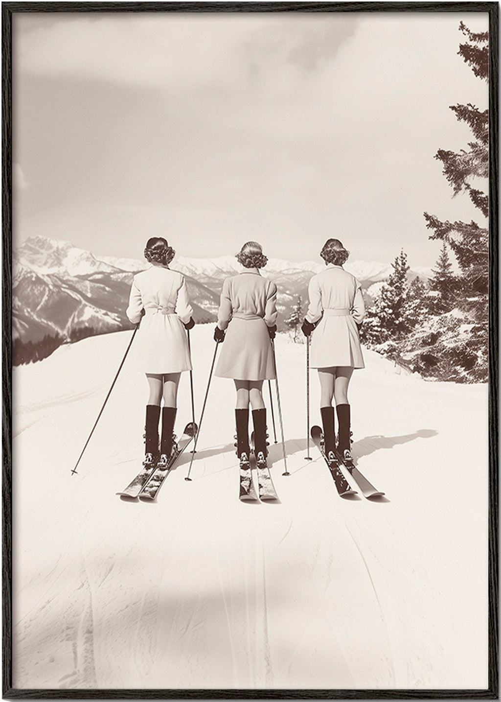 Vintage affisch: skidåkare på rad – Black Frame