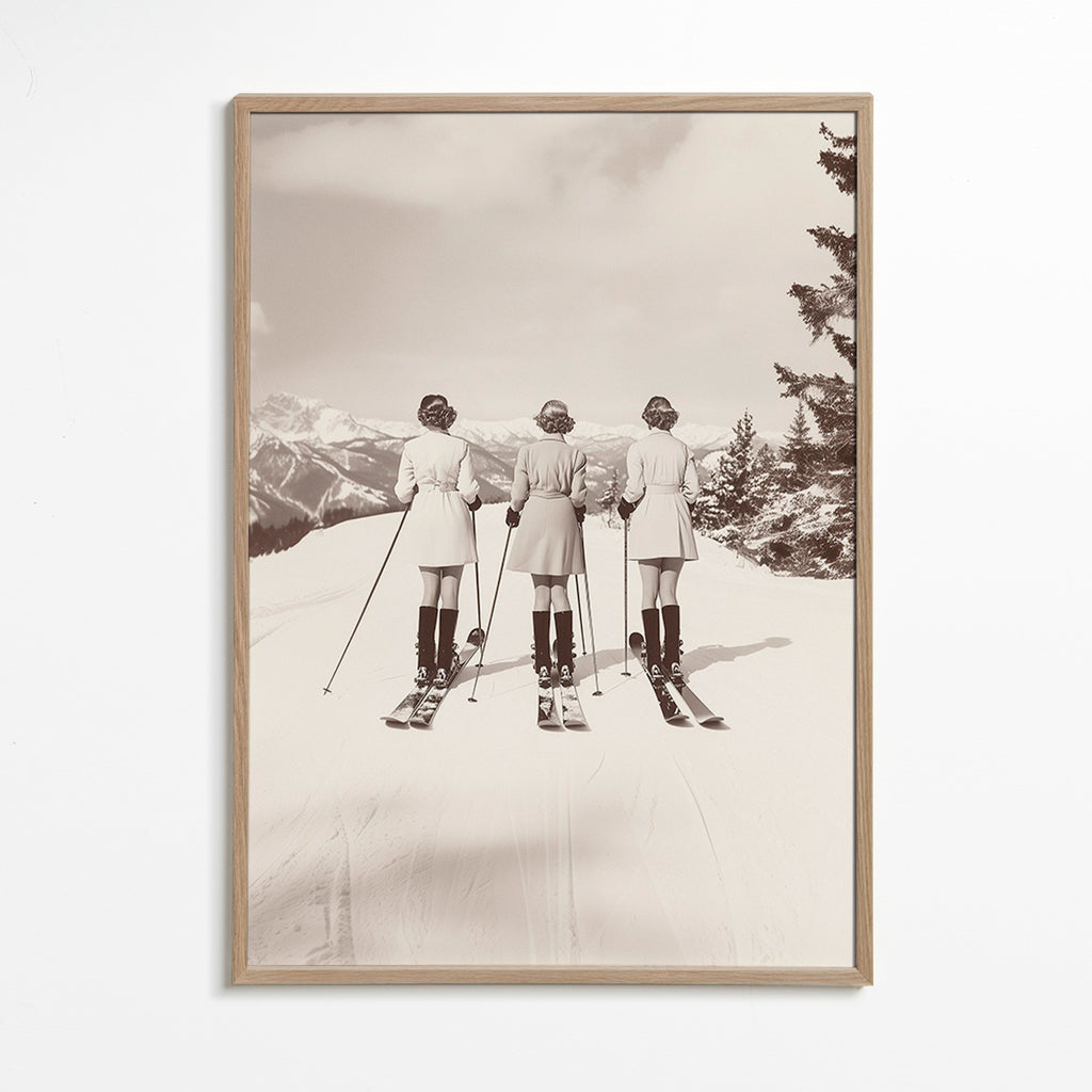 Vintage affisch: skidåkare på rad – Oak Frame