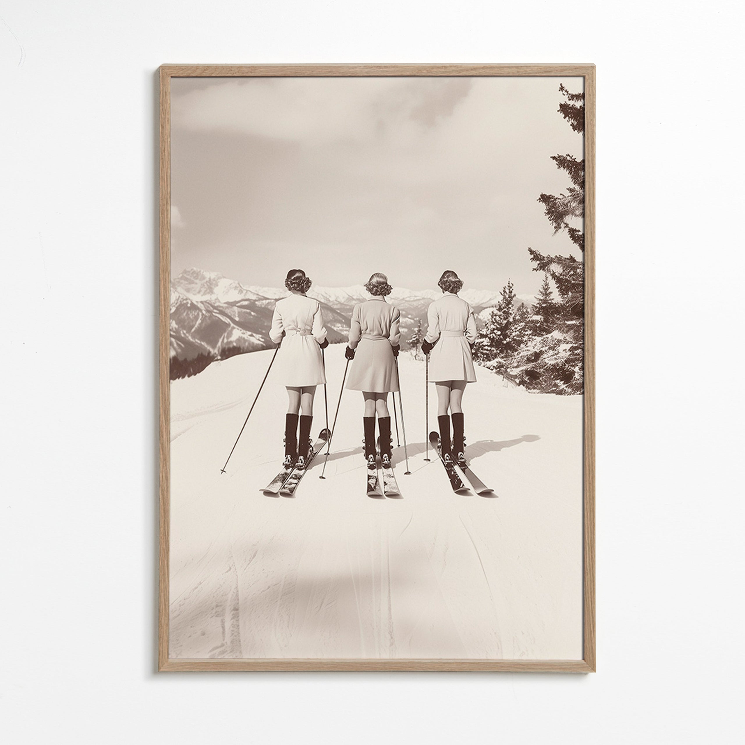 Vintage affisch: skidåkare på rad – Oak Frame