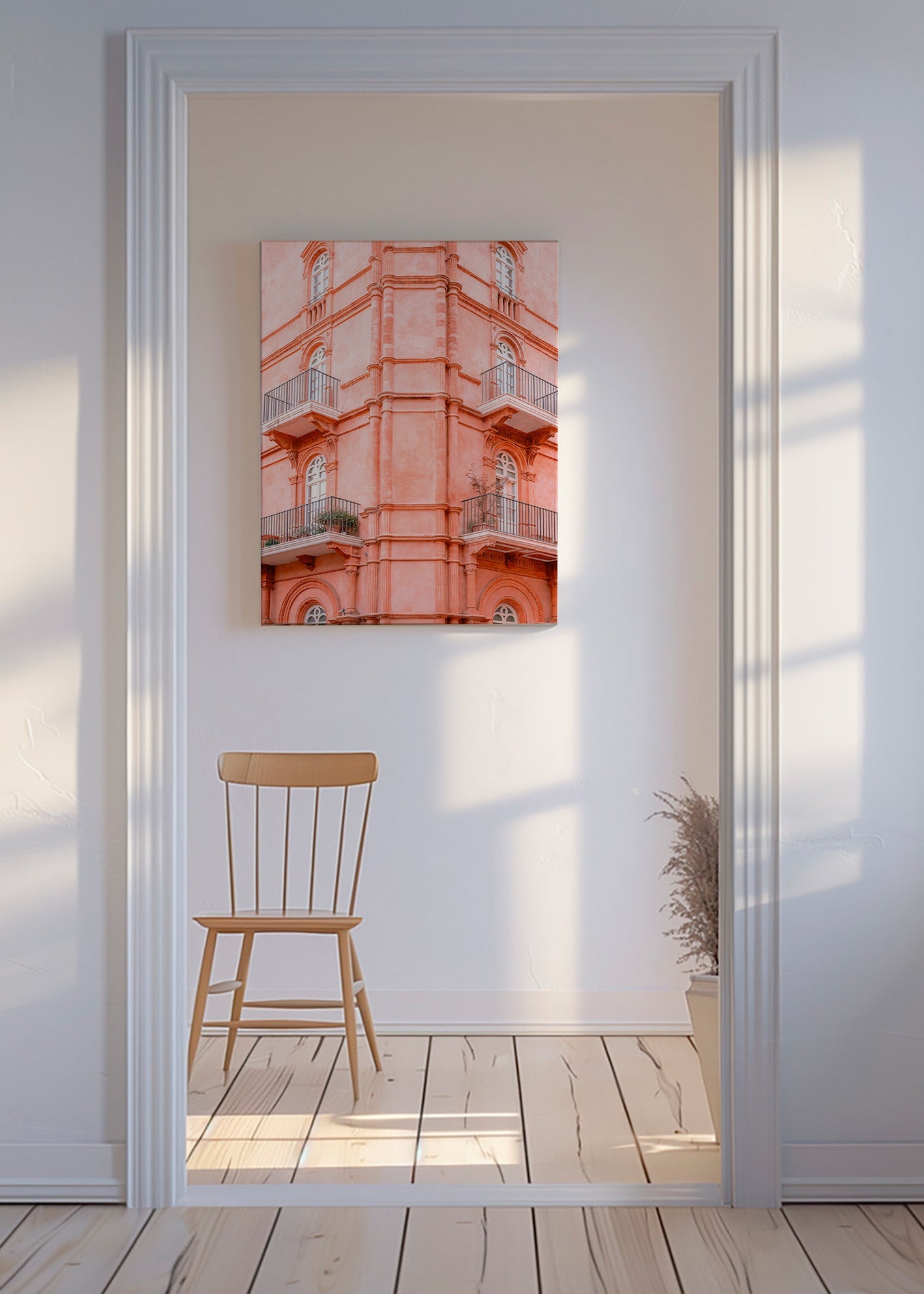 Stadstavla: rosa fasad med balkonger – Canvas