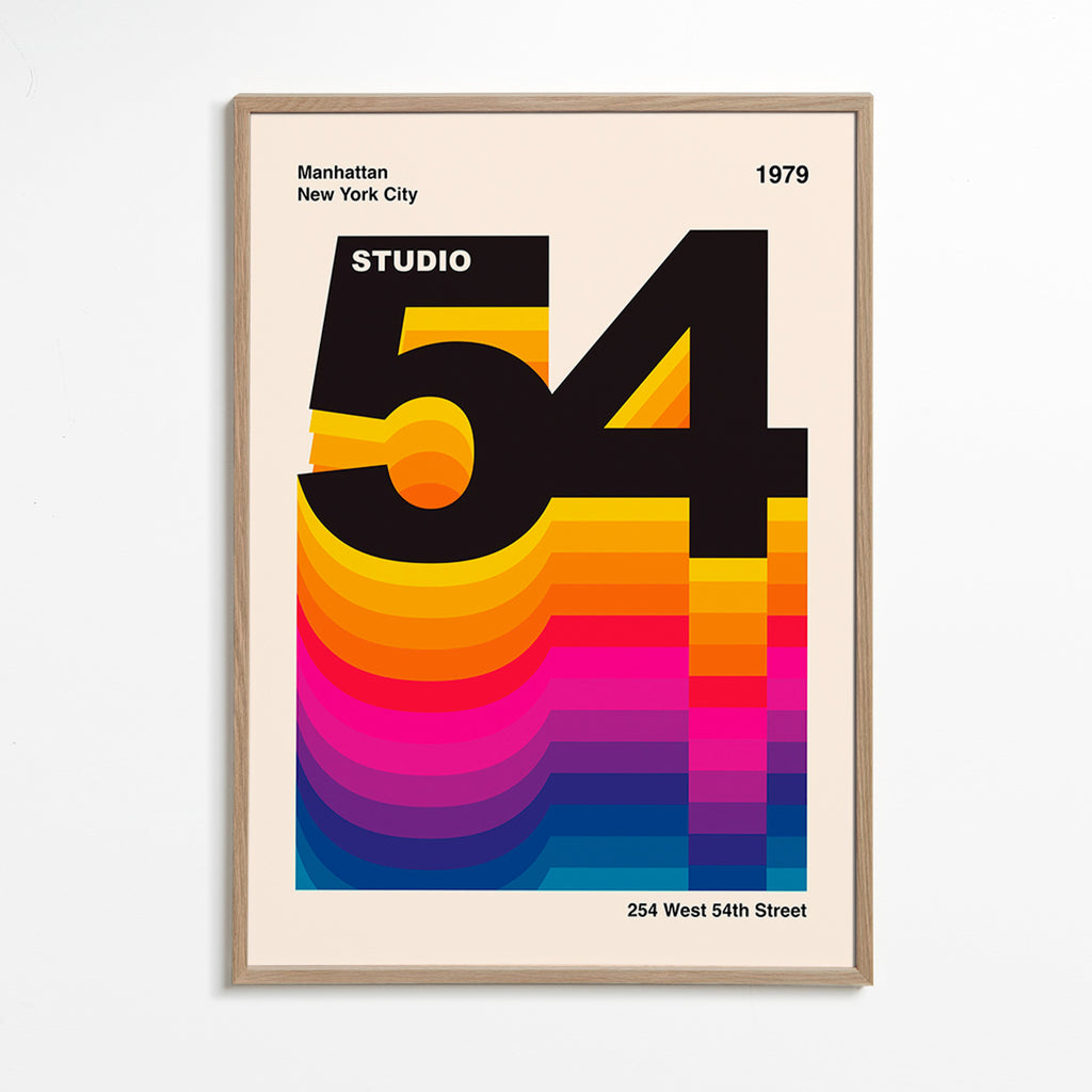 Vintage print Studio 54 med färgvågor – Oak Frame