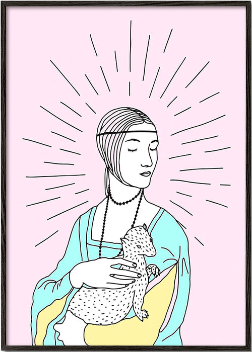 Illustration: dam med hermelin i pastelltoner – Black Frame
