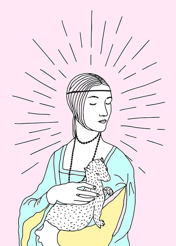 Illustration: dam med hermelin i pastelltoner