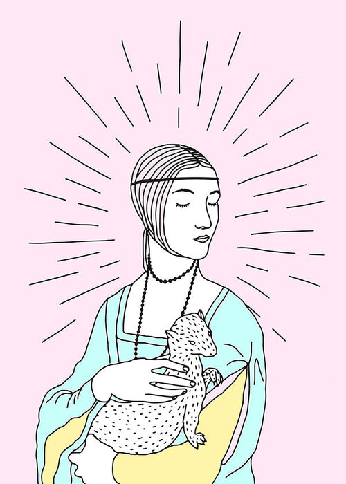Illustration: dam med hermelin i pastelltoner