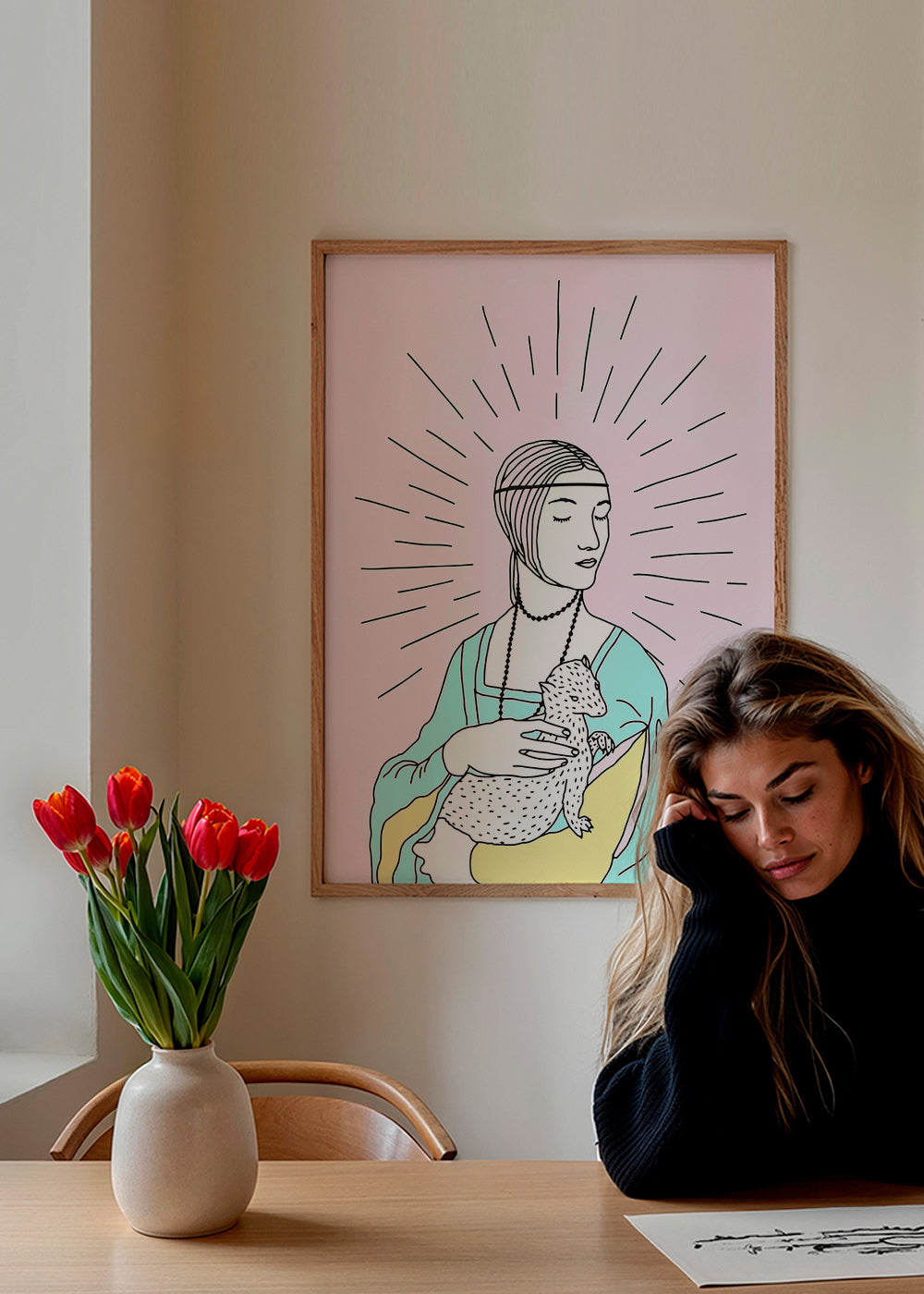 Illustration: dam med hermelin i pastelltoner – Product1