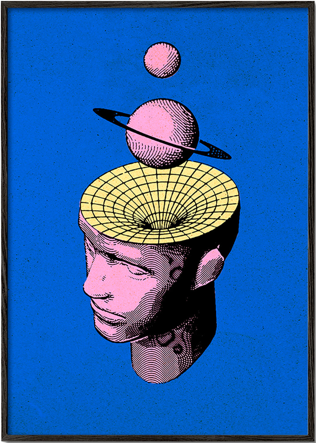 Surrealistisk illustration av huvud med planeter – Black Frame