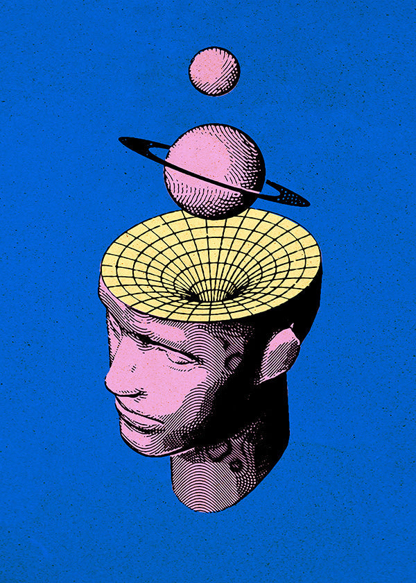 Surrealistisk illustration av huvud med planeter