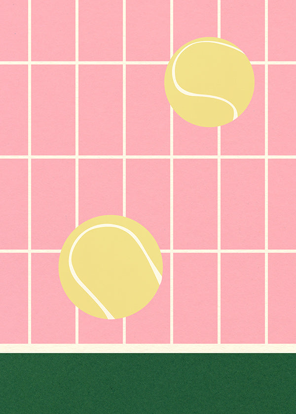 Tenniskonst med gula bollar på rosa rutnät