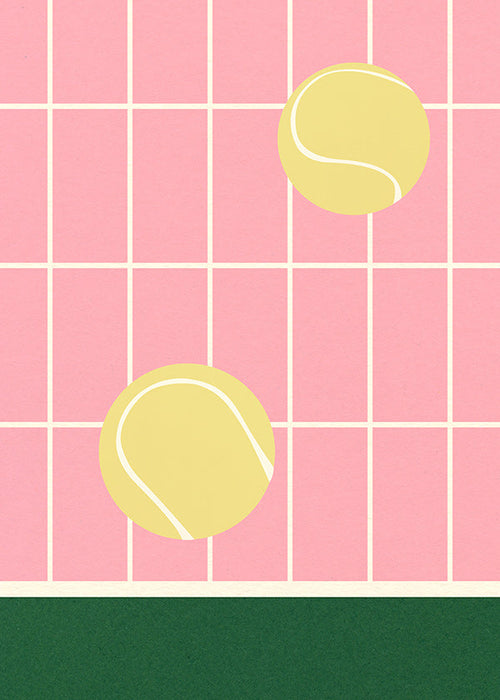 Tenniskonst med gula bollar på rosa rutnät