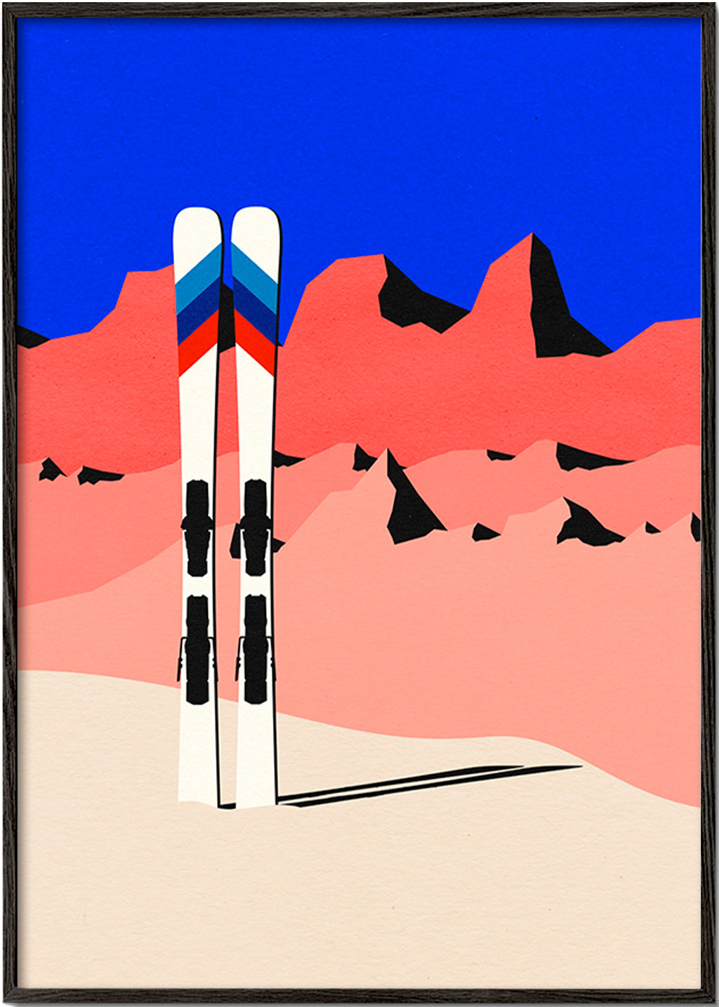 Sportkonst med skidor framför geometriskt bergslandskap – Black Frame
