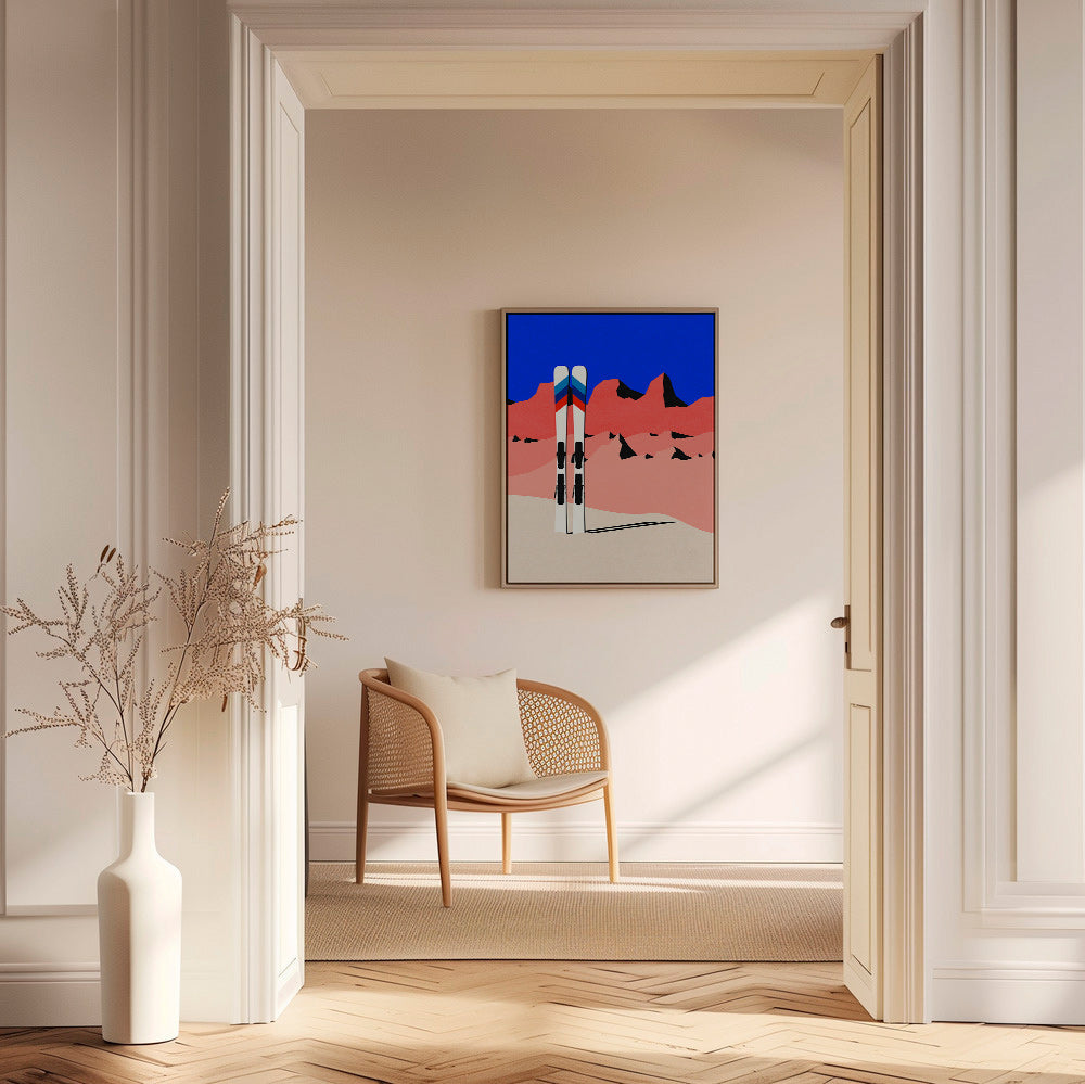 Sportkonst med skidor framför geometriskt bergslandskap – Canvas1