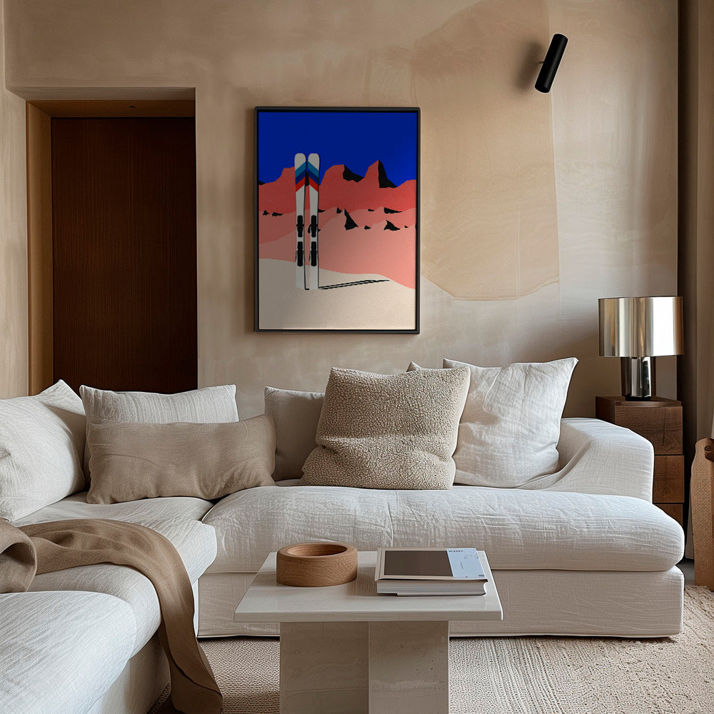 Sportkonst med skidor framför geometriskt bergslandskap – Canvas2